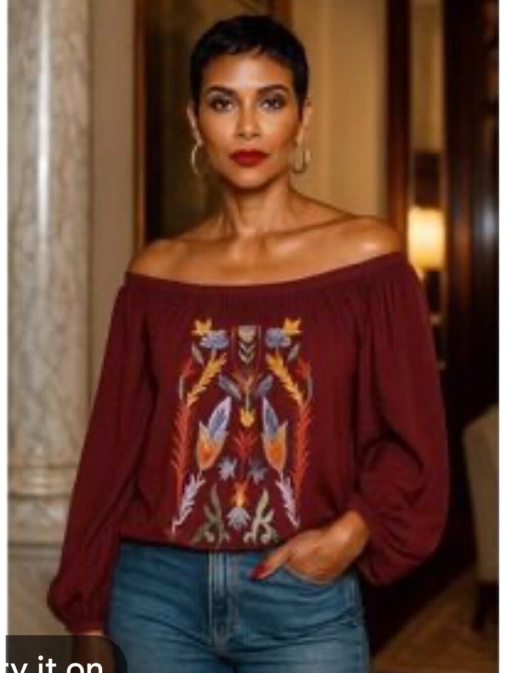 Solitaire maroon off-the-shoulder women's embroidery 3/4 bell sleeves small